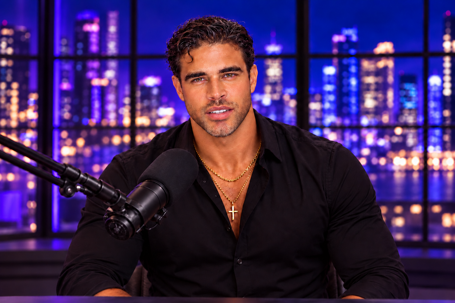 Brandon Mason in a black shirt beside a plain black studio microphone with a purple cityscape behind him